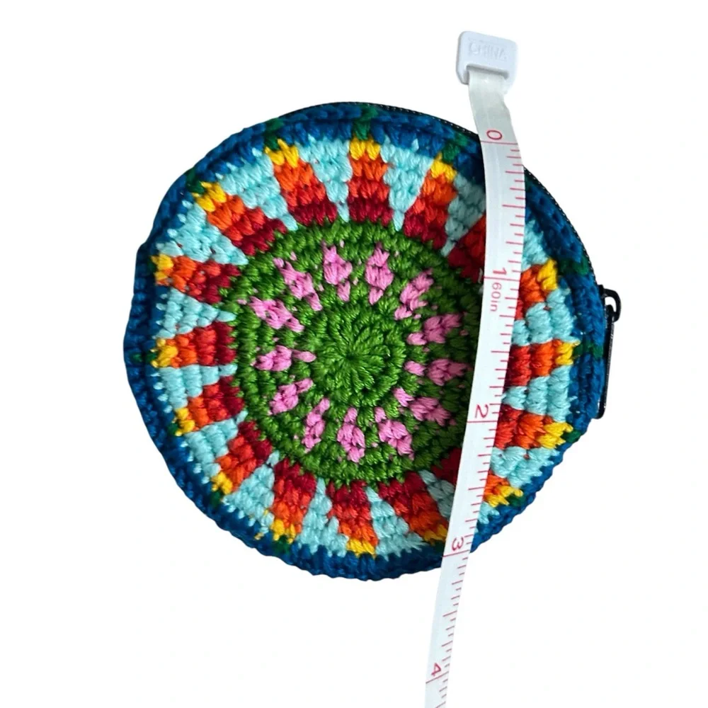 Hand Crafted Crocheted Colorful Round Sunburst Design Zipper Change Pouch Purse